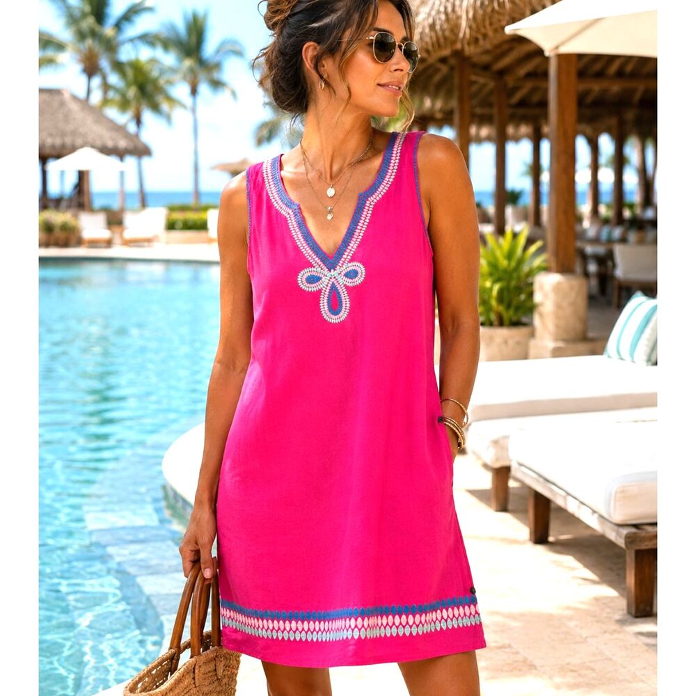 100% Linen Shift Dress, Embroidered, Pink, Lined, Coastal, Resort, Hartley L